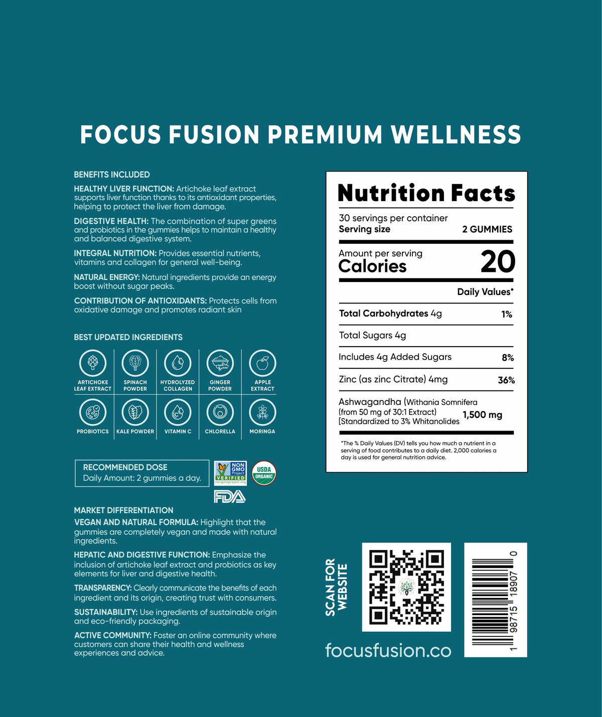 Focus Fusion All-Organic Gummy Bundle – Includes Super Greens, Mushroom 10 Plex & Ashwagandha gummies to boost energy, focus, immunity, gut health & stress relief naturally | Mix Berry Flavor | 180 Count