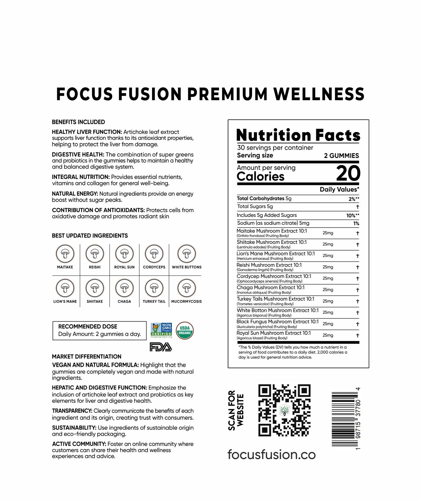 FocusFusion All-Organic Mushroom 10-Plex – Premium adaptogenic mushroom gummies powered by 10 fruiting body extracts including Lion’s Mane, Reishi, Chaga, and Cordyceps to support focus, energy, immunity, and mental clarity | Mix Berry Flavor 60 Count