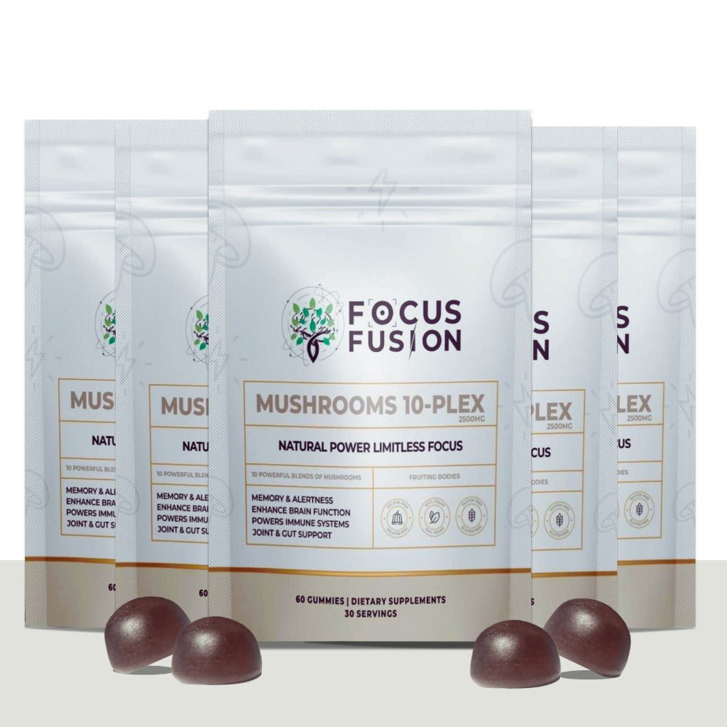 FocusFusion All-Organic Mushroom 10-Plex – Premium adaptogenic mushroom gummies powered by 10 fruiting body extracts including Lion’s Mane, Reishi, Chaga, and Cordyceps to support focus, energy, immunity, and mental clarity | Mix Berry Flavor 60 Count