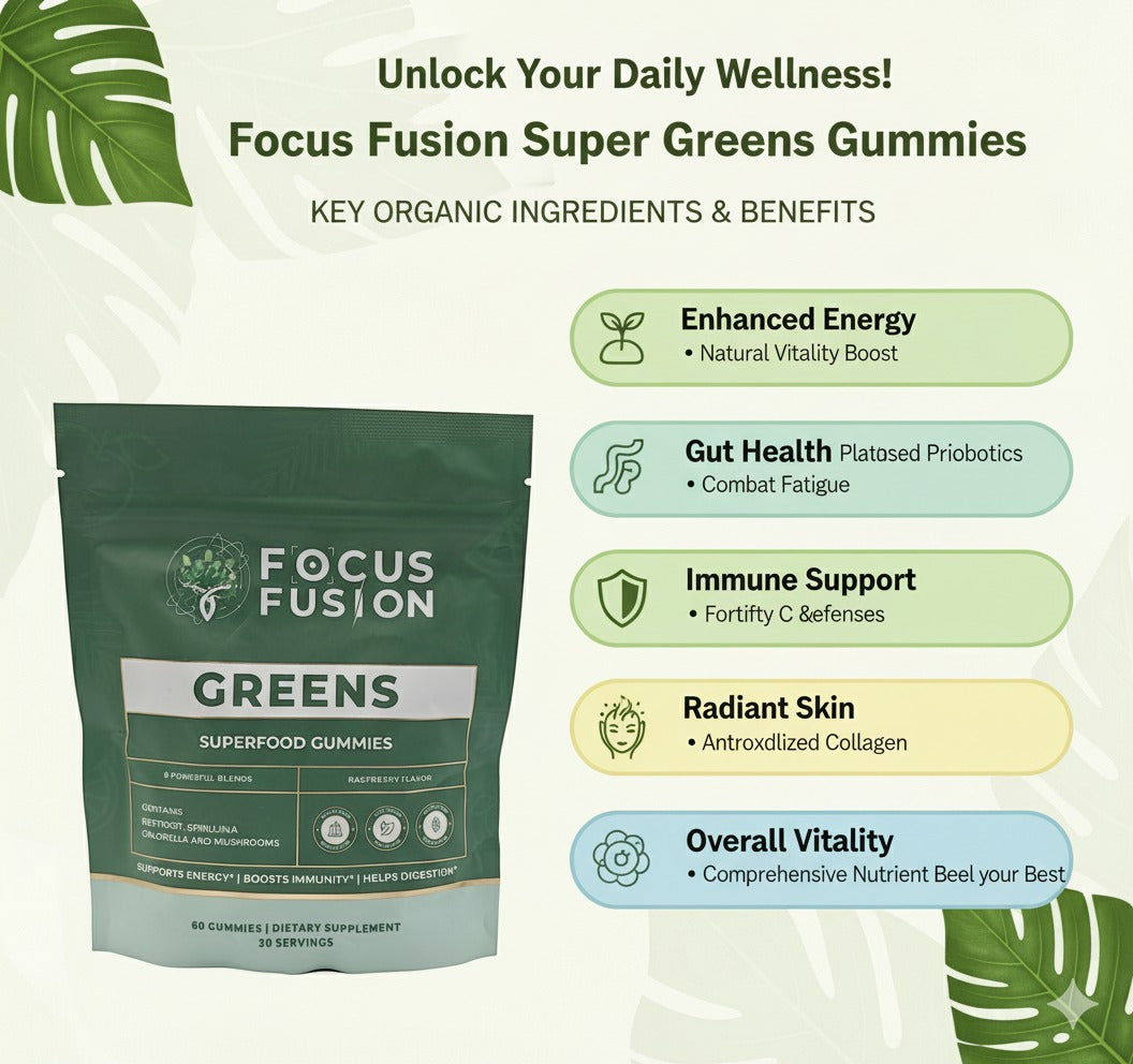 Focus Fusion Super Greens | 74+ Organic superfood gummies that boost energy, support gut health, detox, and immunity for daily focus and vibrant wellness | Natural Mix Berry Flavor | 60 Ct