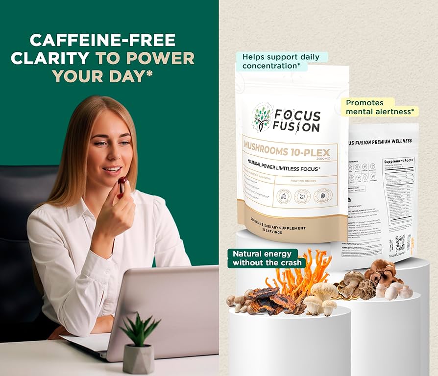 FocusFusion All-Organic Mushroom 10-Plex – Premium adaptogenic mushroom gummies powered by 10 fruiting body extracts including Lion’s Mane, Reishi, Chaga, and Cordyceps to support focus, energy, immunity, and mental clarity | Mix Berry Flavor 60 Count
