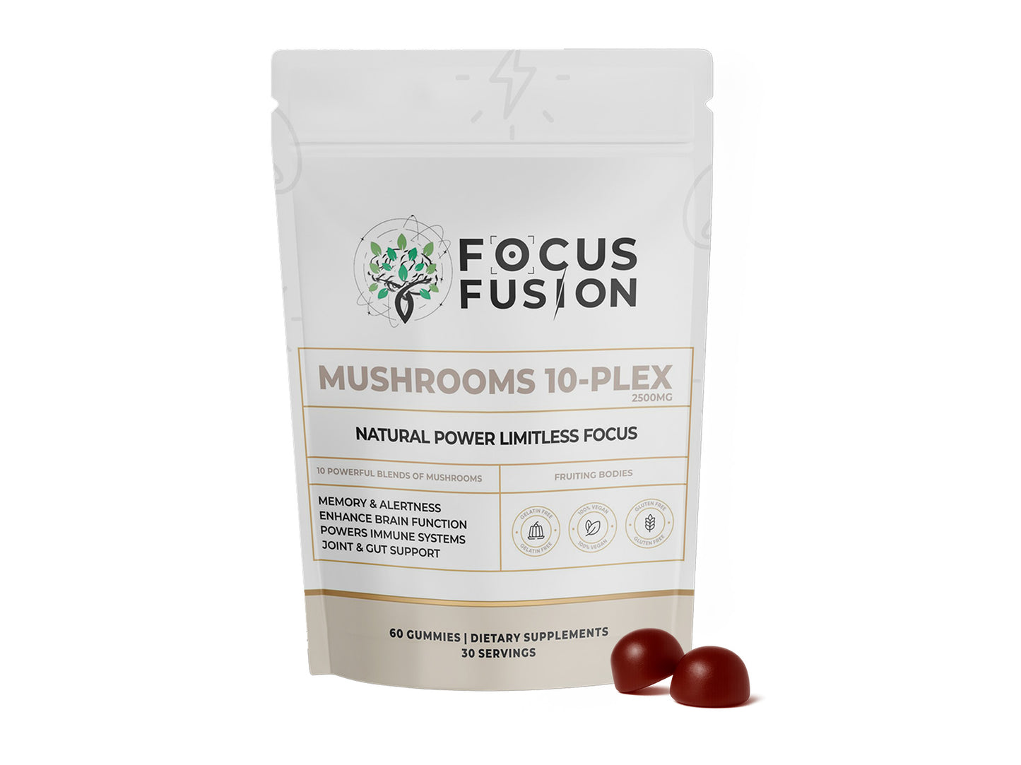 FocusFusion All-Organic Mushroom 10-Plex – Premium adaptogenic mushroom gummies powered by 10 fruiting body extracts including Lion’s Mane, Reishi, Chaga, and Cordyceps to support focus, energy, immunity, and mental clarity | Mix Berry Flavor 60 Count