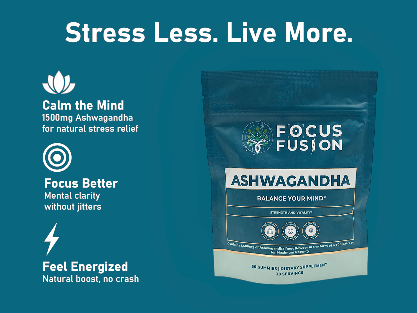 Focus Fusion™ Organic Ashwagandha Gummies with D2 & Zinc to help balance your mind, reduce stress, boost mood, improve focus, and support calm energy with all-organic adaptogenic | Mix Berry Flavor | 60 Ct