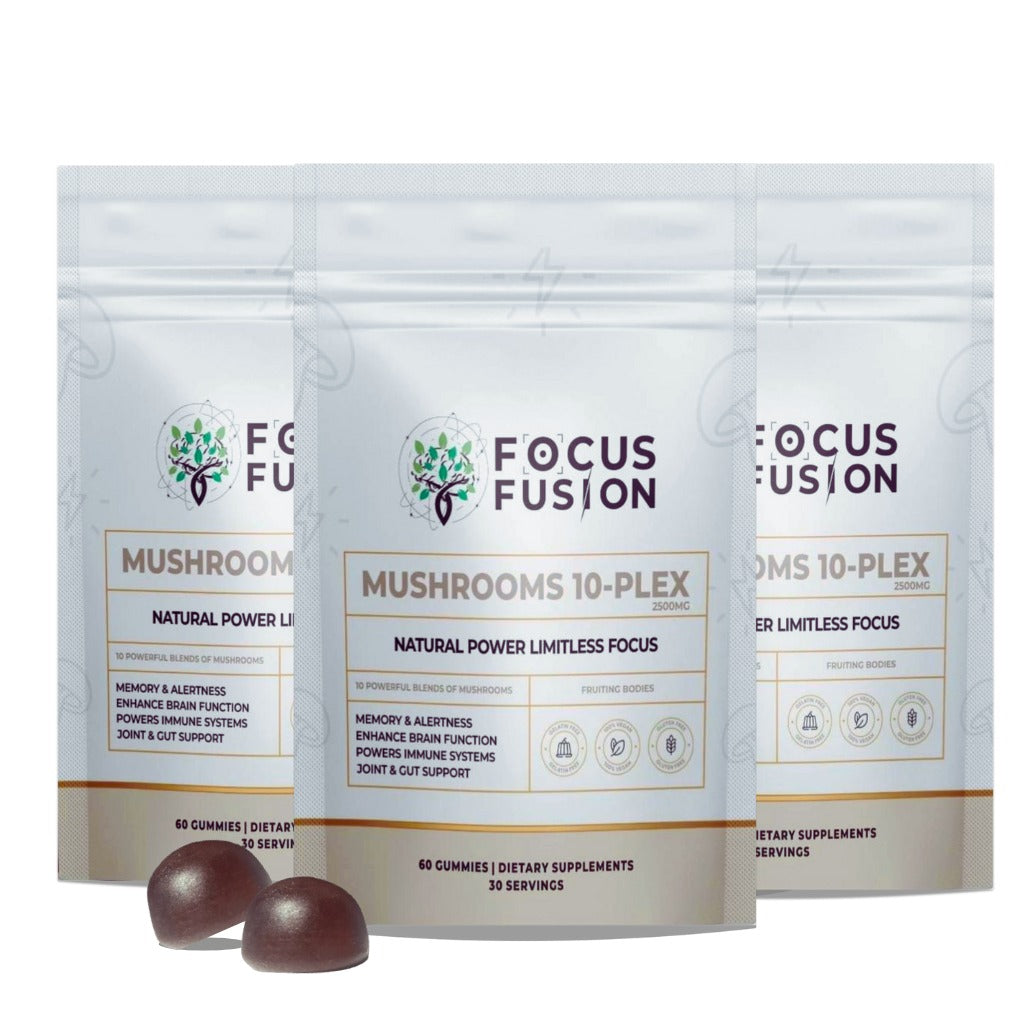 FocusFusion All-Organic Mushroom 10-Plex – Premium adaptogenic mushroom gummies powered by 10 fruiting body extracts including Lion’s Mane, Reishi, Chaga, and Cordyceps to support focus, energy, immunity, and mental clarity | Mix Berry Flavor 60 Count