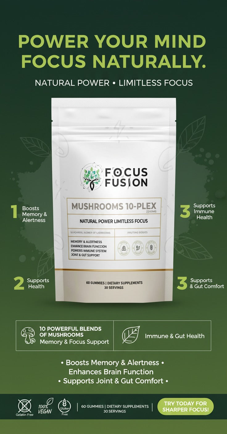 FocusFusion All-Organic Mushroom 10-Plex – Premium adaptogenic mushroom gummies powered by 10 fruiting body extracts including Lion’s Mane, Reishi, Chaga, and Cordyceps to support focus, energy, immunity, and mental clarity | Mix Berry Flavor 60 Count