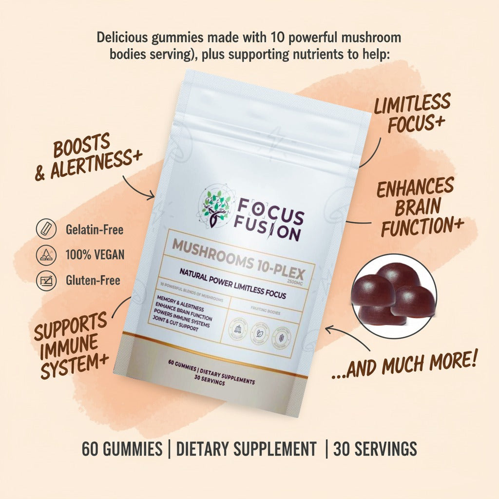 FocusFusion All-Organic Mushroom 10-Plex – Premium adaptogenic mushroom gummies powered by 10 fruiting body extracts including Lion’s Mane, Reishi, Chaga, and Cordyceps to support focus, energy, immunity, and mental clarity | Mix Berry Flavor 60 Count