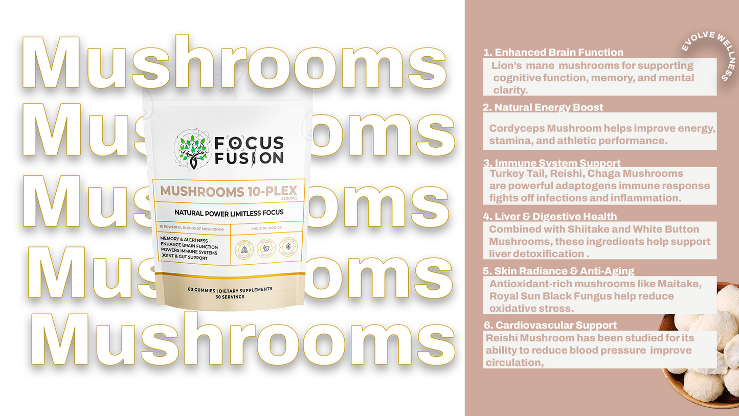 FocusFusion All-Organic Mushroom 10-Plex – Premium adaptogenic mushroom gummies powered by 10 fruiting body extracts including Lion’s Mane, Reishi, Chaga, and Cordyceps to support focus, energy, immunity, and mental clarity | Mix Berry Flavor 60 Count