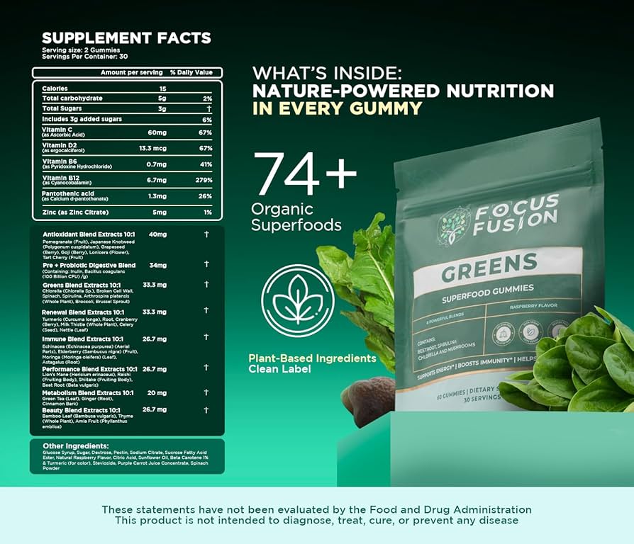 Focus Fusion Super Greens | 74+ Organic superfood gummies that boost energy, support gut health, detox, and immunity for daily focus and vibrant wellness | Natural Mix Berry Flavor | 60 Ct