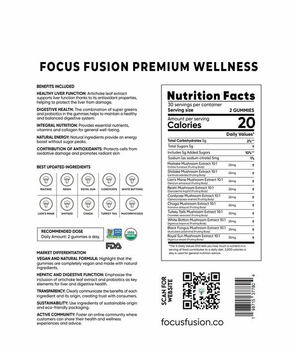 Focus Fusion Organic Fruiting Body Mushroom 10 Plex Gummies – Premium Wellness in Every Bite