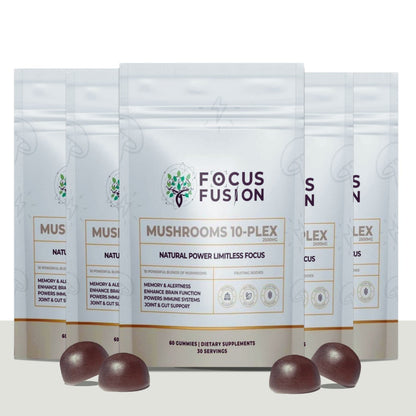 FocusFusion All-Organic Mushroom 10-Plex – Premium adaptogenic mushroom gummies powered by 10 fruiting body extracts including Lion’s Mane, Reishi, Chaga, and Cordyceps to support focus, energy, immunity, and mental clarity | Mix Berry Flavor 60 Count