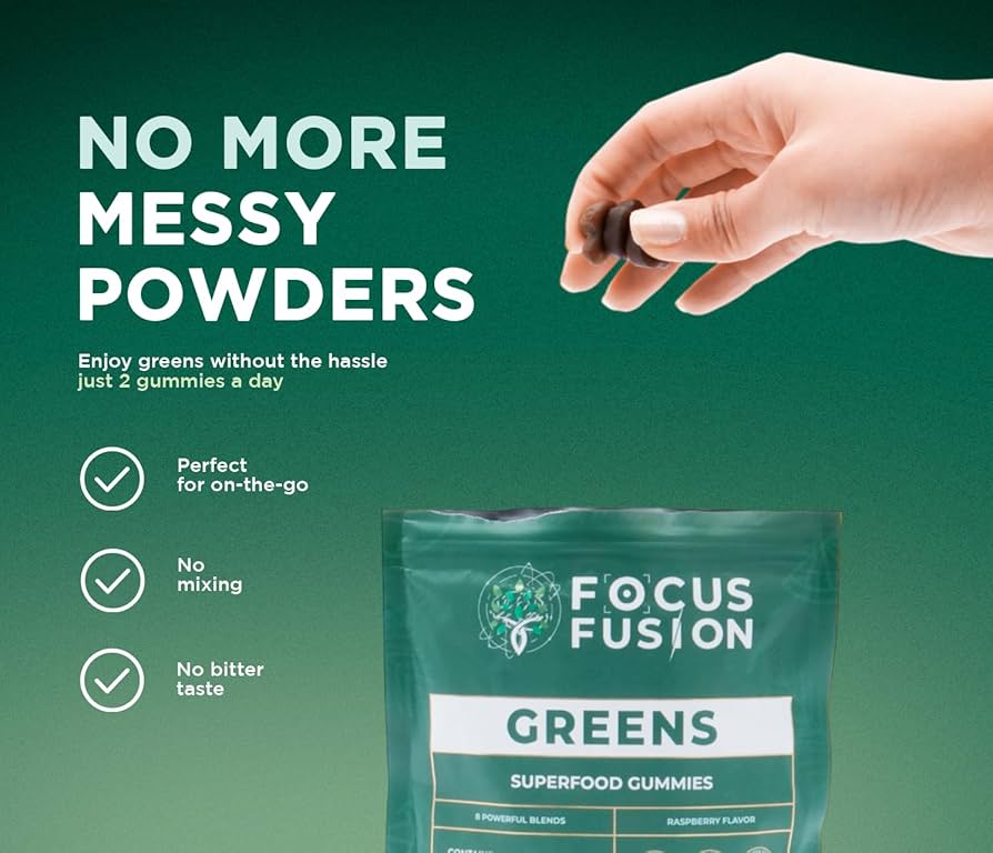 Focus Fusion Super Greens | 74+ Organic superfood gummies that boost energy, support gut health, detox, and immunity for daily focus and vibrant wellness | Natural Mix Berry Flavor | 60 Ct
