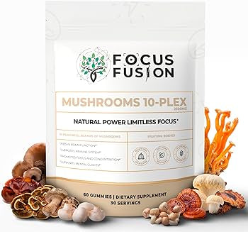 FocusFusion All-Organic Mushroom 10-Plex – Premium adaptogenic mushroom gummies powered by 10 fruiting body extracts including Lion’s Mane, Reishi, Chaga, and Cordyceps to support focus, energy, immunity, and mental clarity | Mix Berry Flavor 60 Count