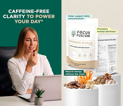 FocusFusion All-Organic Mushroom 10-Plex – Premium adaptogenic mushroom gummies powered by 10 fruiting body extracts including Lion’s Mane, Reishi, Chaga, and Cordyceps to support focus, energy, immunity, and mental clarity | Mix Berry Flavor 60 Count