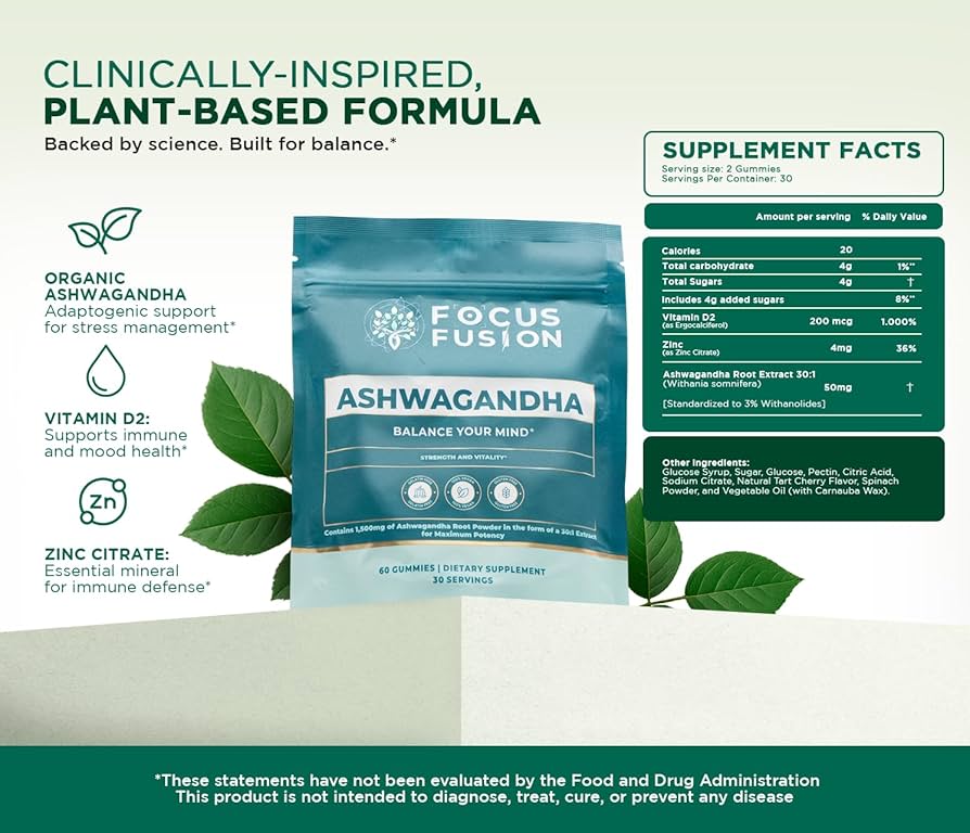 Focus Fusion™ Organic Ashwagandha Gummies with D2 & Zinc to help balance your mind, reduce stress, boost mood, improve focus, and support calm energy with all-organic adaptogenic | Mix Berry Flavor | 60 Ct
