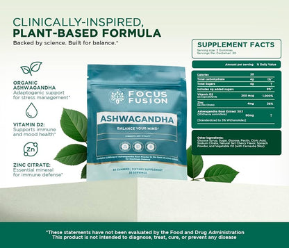 Focus Fusion™ Organic Ashwagandha Gummies with D2 & Zinc to help balance your mind, reduce stress, boost mood, improve focus, and support calm energy with all-organic adaptogenic | Mix Berry Flavor | 60 Ct