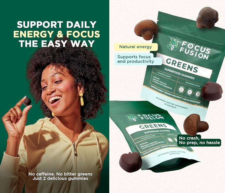 Focus Fusion Super Greens | 74+ Organic superfood gummies that boost energy, support gut health, detox, and immunity for daily focus and vibrant wellness | Natural Mix Berry Flavor | 60 Ct