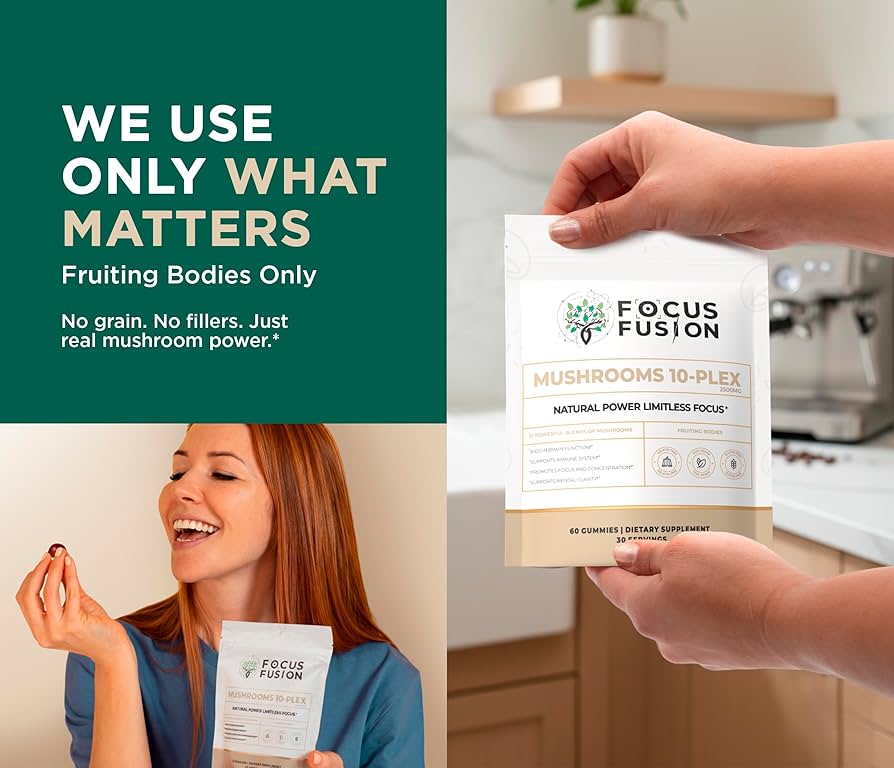 FocusFusion All-Organic Mushroom 10-Plex – Premium adaptogenic mushroom gummies powered by 10 fruiting body extracts including Lion’s Mane, Reishi, Chaga, and Cordyceps to support focus, energy, immunity, and mental clarity | Mix Berry Flavor 60 Count