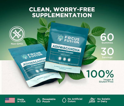 Focus Fusion™ Organic Ashwagandha Gummies with D2 & Zinc to help balance your mind, reduce stress, boost mood, improve focus, and support calm energy with all-organic adaptogenic | Mix Berry Flavor | 60 Ct