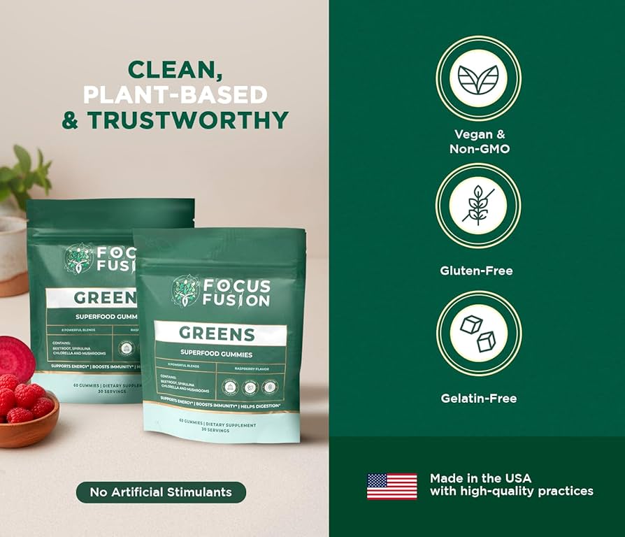 Focus Fusion Super Greens | 74+ Organic superfood gummies that boost energy, support gut health, detox, and immunity for daily focus and vibrant wellness | Natural Mix Berry Flavor | 60 Ct