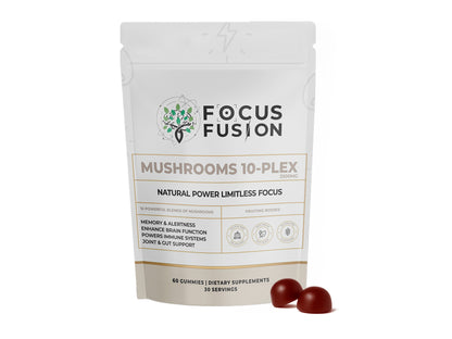 FocusFusion All-Organic Mushroom 10-Plex – Premium adaptogenic mushroom gummies powered by 10 fruiting body extracts including Lion’s Mane, Reishi, Chaga, and Cordyceps to support focus, energy, immunity, and mental clarity | Mix Berry Flavor 60 Count