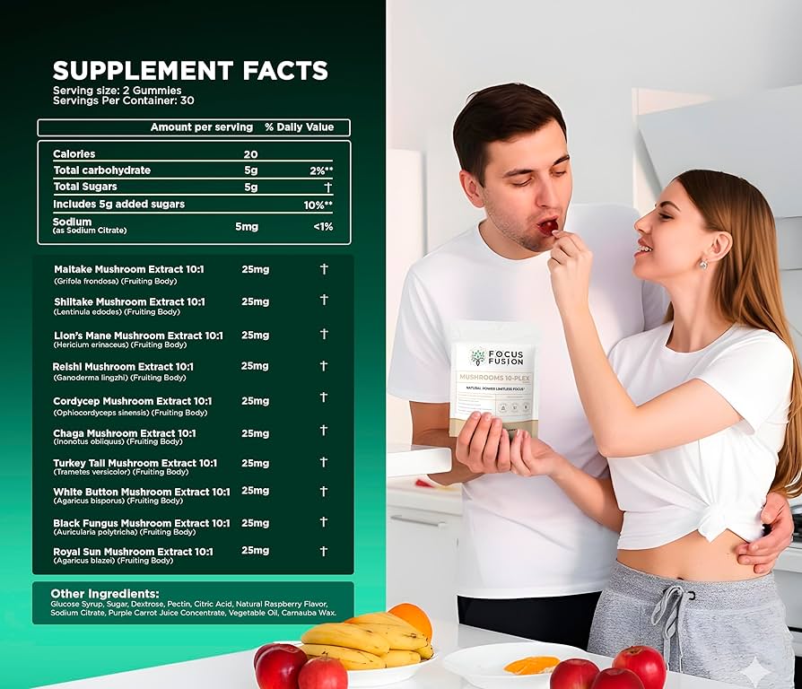 FocusFusion All-Organic Mushroom 10-Plex – Premium adaptogenic mushroom gummies powered by 10 fruiting body extracts including Lion’s Mane, Reishi, Chaga, and Cordyceps to support focus, energy, immunity, and mental clarity | Mix Berry Flavor 60 Count