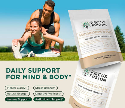 FocusFusion All-Organic Mushroom 10-Plex – Premium adaptogenic mushroom gummies powered by 10 fruiting body extracts including Lion’s Mane, Reishi, Chaga, and Cordyceps to support focus, energy, immunity, and mental clarity | Mix Berry Flavor 60 Count