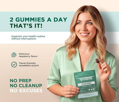 Focus Fusion Super Greens | 74+ Organic superfood gummies that boost energy, support gut health, detox, and immunity for daily focus and vibrant wellness | Natural Mix Berry Flavor | 60 Ct