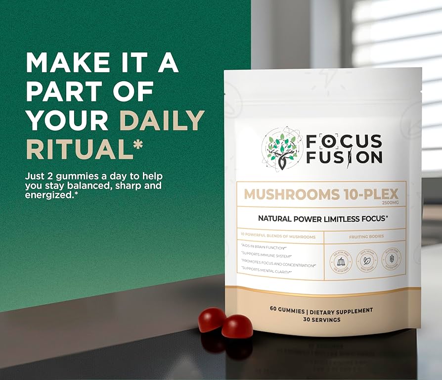 FocusFusion All-Organic Mushroom 10-Plex – Premium adaptogenic mushroom gummies powered by 10 fruiting body extracts including Lion’s Mane, Reishi, Chaga, and Cordyceps to support focus, energy, immunity, and mental clarity | Mix Berry Flavor 60 Count