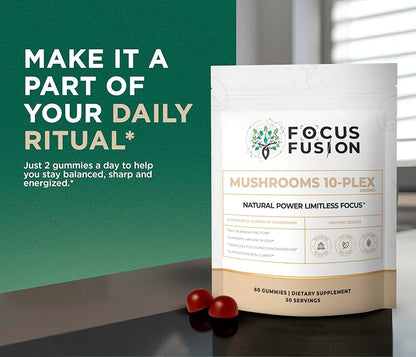 FocusFusion All-Organic Mushroom 10-Plex – Premium adaptogenic mushroom gummies powered by 10 fruiting body extracts including Lion’s Mane, Reishi, Chaga, and Cordyceps to support focus, energy, immunity, and mental clarity | Mix Berry Flavor 60 Count