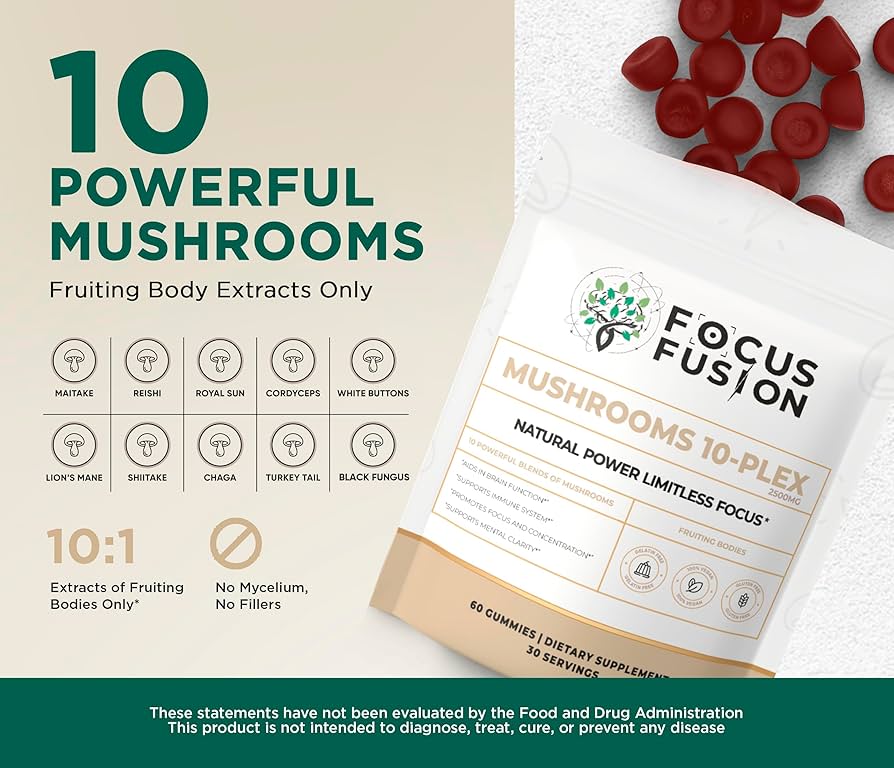 FocusFusion All-Organic Mushroom 10-Plex – Premium adaptogenic mushroom gummies powered by 10 fruiting body extracts including Lion’s Mane, Reishi, Chaga, and Cordyceps to support focus, energy, immunity, and mental clarity | Mix Berry Flavor 60 Count