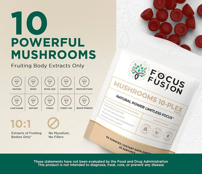 FocusFusion All-Organic Mushroom 10-Plex – Premium adaptogenic mushroom gummies powered by 10 fruiting body extracts including Lion’s Mane, Reishi, Chaga, and Cordyceps to support focus, energy, immunity, and mental clarity | Mix Berry Flavor 60 Count