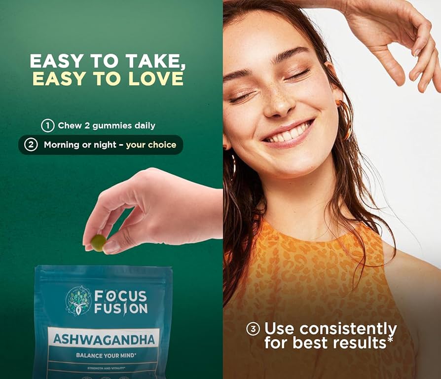 Focus Fusion™ Organic Ashwagandha Gummies with D2 & Zinc to help balance your mind, reduce stress, boost mood, improve focus, and support calm energy with all-organic adaptogenic | Mix Berry Flavor | 60 Ct