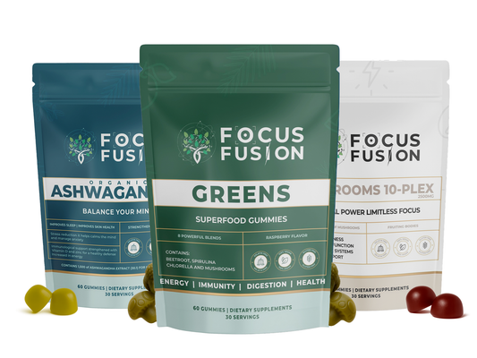 Focus Fusion All-Organic Gummy Bundle – Includes Super Greens, Mushroom 10 Plex & Ashwagandha gummies to boost energy, focus, immunity, gut health & stress relief naturally | Mix Berry Flavor | 180 Count