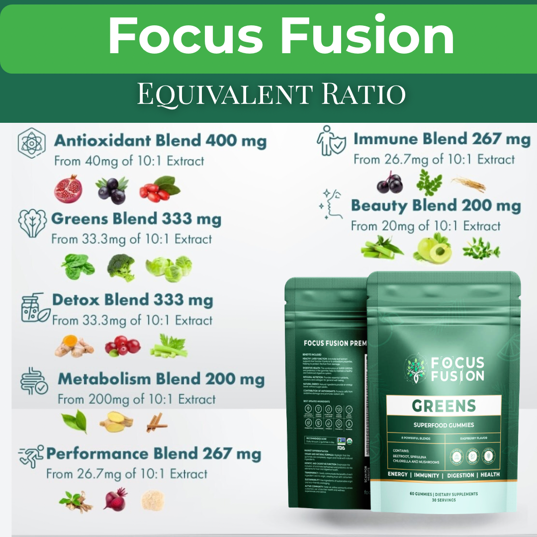 Focus Fusion Super Greens | 74+ Organic superfood gummies that boost energy, support gut health, detox, and immunity for daily focus and vibrant wellness | Natural Mix Berry Flavor | 60 Ct