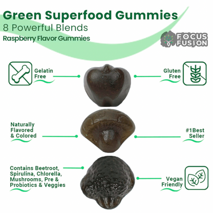 Focus Fusion Super Greens | 74+ Organic superfood gummies that boost energy, support gut health, detox, and immunity for daily focus and vibrant wellness | Natural Mix Berry Flavor | 60 Ct