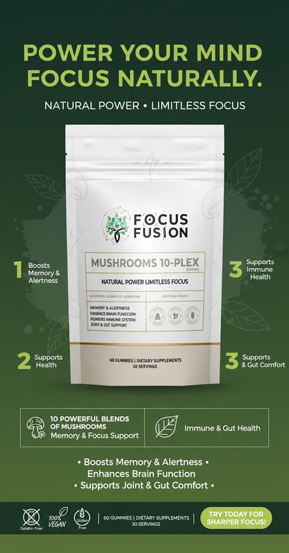 FocusFusion All-Organic Mushroom 10-Plex – Premium adaptogenic mushroom gummies powered by 10 fruiting body extracts including Lion’s Mane, Reishi, Chaga, and Cordyceps to support focus, energy, immunity, and mental clarity | Mix Berry Flavor 60 Count