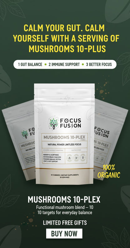 FocusFusion All-Organic Mushroom 10-Plex – Premium adaptogenic mushroom gummies powered by 10 fruiting body extracts including Lion’s Mane, Reishi, Chaga, and Cordyceps to support focus, energy, immunity, and mental clarity | Mix Berry Flavor 60 Count