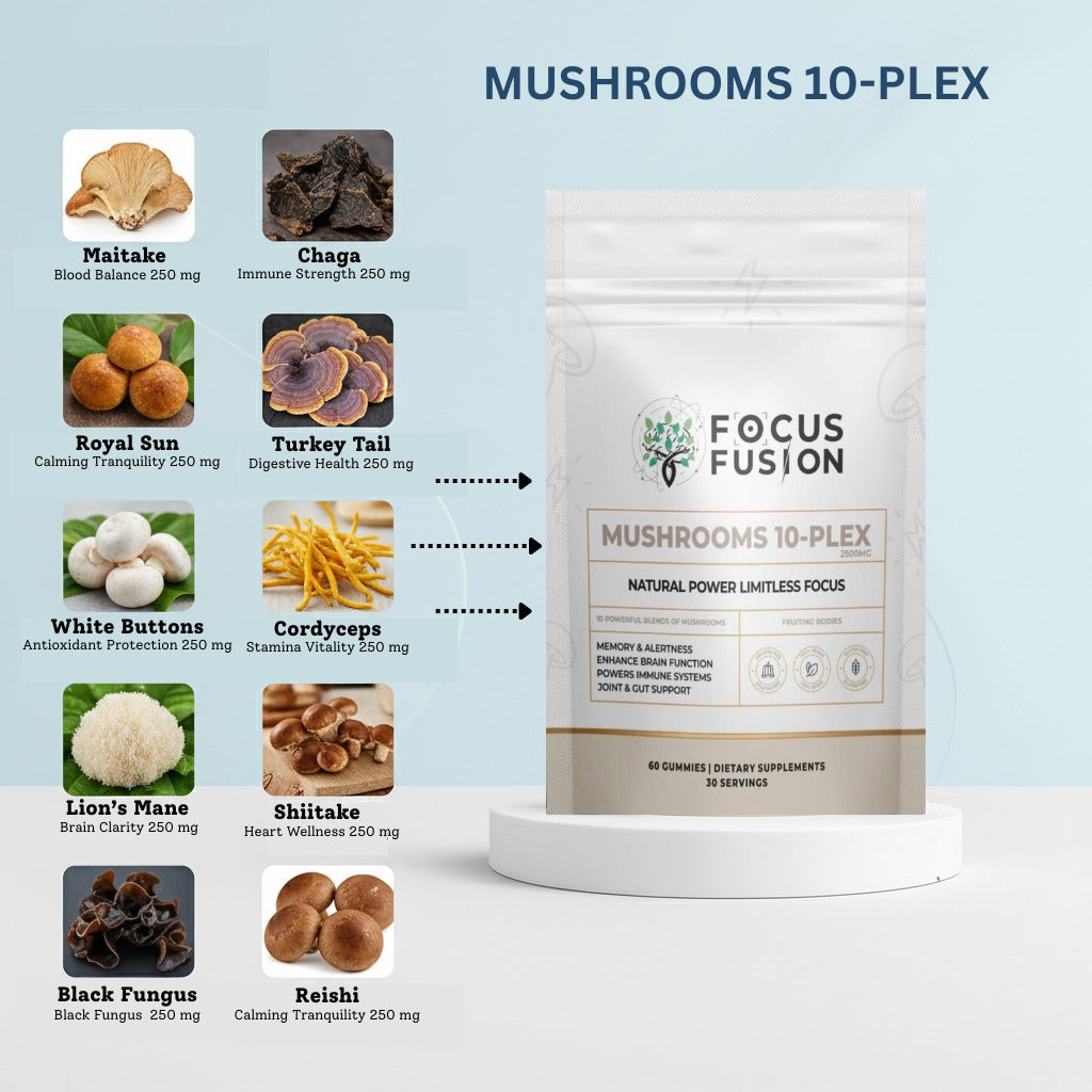 Focus Fusion Organic Fruiting Body Mushroom 10 Plex Gummies – Premium Wellness in Every Bite