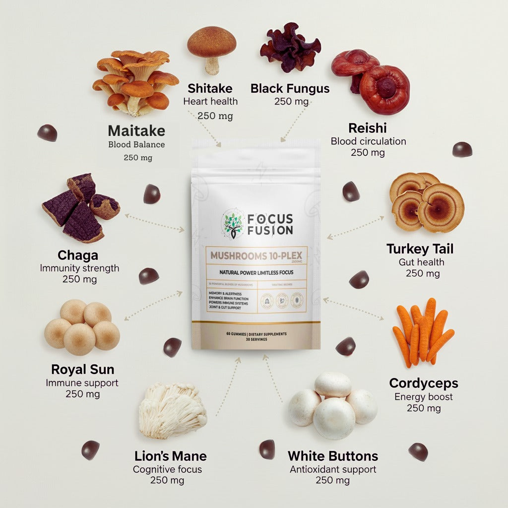 Focus Fusion Organic Fruiting Body Mushroom 10 Plex Gummies – Premium Wellness in Every Bite