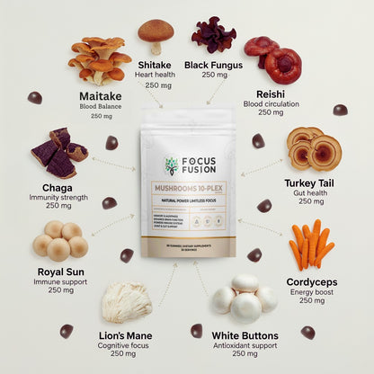 FocusFusion All-Organic Mushroom 10-Plex – Premium adaptogenic mushroom gummies powered by 10 fruiting body extracts including Lion’s Mane, Reishi, Chaga, and Cordyceps to support focus, energy, immunity, and mental clarity | Mix Berry Flavor 60 Count