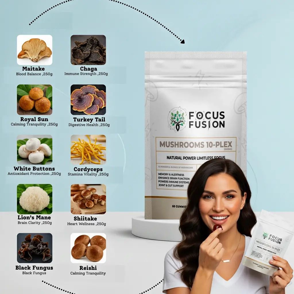 Focus Fusion Organic Fruiting Body Mushroom 10 Plex Gummies – Premium Wellness in Every Bite