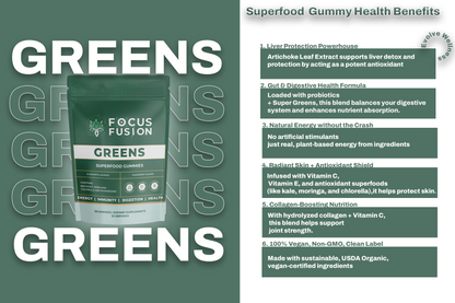 Focus Fusion Super Greens | 74+ Organic superfood gummies that boost energy, support gut health, detox, and immunity for daily focus and vibrant wellness | Natural Mix Berry Flavor | 60 Ct